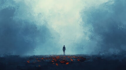 Solitude in Nature - Digital Painting of a Lone Figure Walking Under a Cloudy Sky with Scattered Leaves and Subtle Blue Lighting, Space for Text, Muted Tones