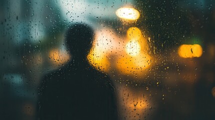 Obraz premium Moody Cinematic Rainy Window Scene with Blurry Figure Looking Outside