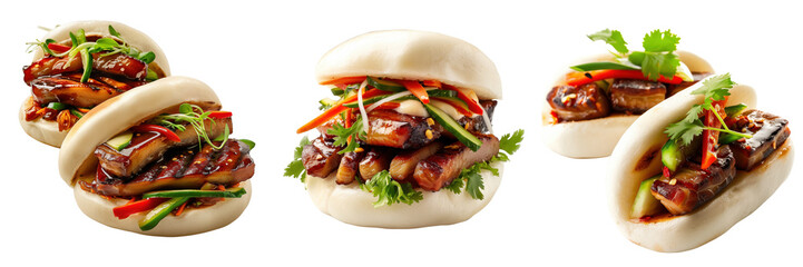 set of pork belly bao buns with a savory filling garnished with fresh vegetables on a transparent background