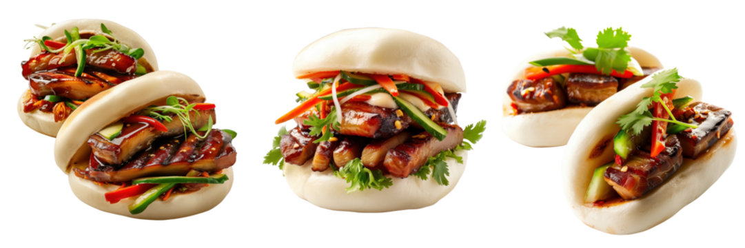 set of pork belly bao buns with a savory filling garnished with fresh vegetables on a transparent background