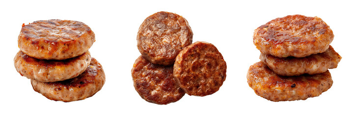set of pork sausage patties with a crispy edge, ideal for breakfast on a transparent background
