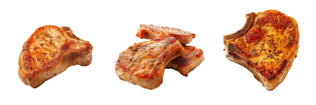 set of pan-seared pork chops with a golden-brown crust and juicy interior on a transparent background