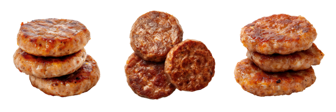 set of pork sausage patties with a crispy edge, ideal for breakfast on a transparent background