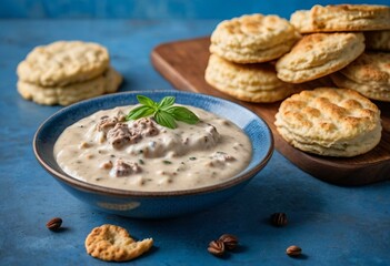 Biscuit Gravy with Basil and Golden-Brown Biscuits on Blue