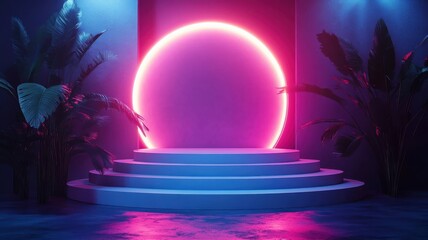 Retro-futuristic white podium in synthwave style with neon accents and vibrant contrasts.