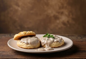 Biscuits with Creamy Gravy and Parsley on Rustic Brown