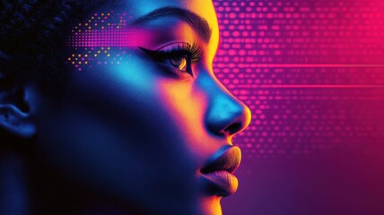 Retro-futuristic synthwave style depiction of women with skin, using vibrant neon colors and patterns.