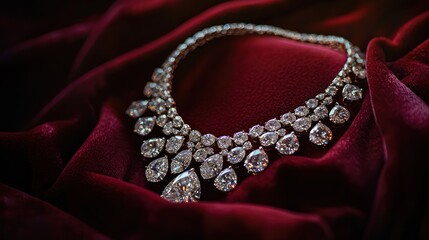 Fototapeta premium Glamorous close-up of a luxurious diamond necklace draped over a velvet cushion, showcasing its brilliance and opulence
