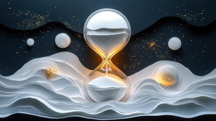 Hourglass depicted in paper art style, featuring delicate cut-outs and layered elements to highlight the flowing sand and glass structure.