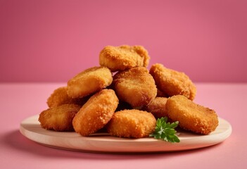 Breaded Chicken Nuggets on Wooden Board with Pink Background
