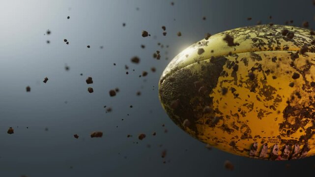 An airborne muddy australian rules football ball spinning in slow motion flying through the air scattering mud dirt particles in its wake