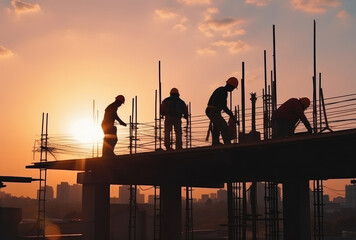 Silhouetted Construction Workers at Sundown