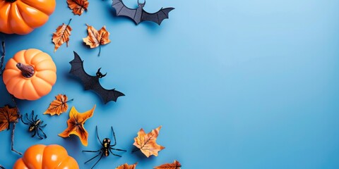 Background, space, copy text, Halloween, pumpkin, spider, bat, light blue background, flat lay
