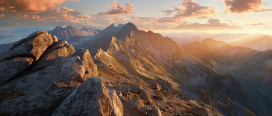 Naklejka premium Beautiful mountains with a lake under the warm light of a stunning sunrise.