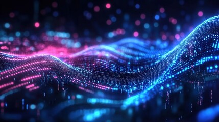 Futuristic abstract background featuring glowing blue and pink digital waves made of dots, representing sound waves or data flow concepts. This high-detail vector illustration showcases an ultra-reali
