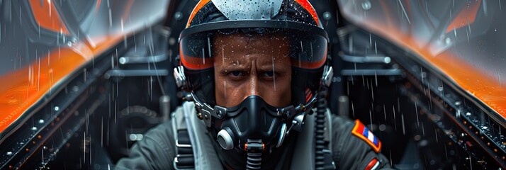 Close up portrait of a pilot in a cockpit of a fighter jet. The pilot is wearing a helmet and a face mask. Rain is falling outside the cockpit.