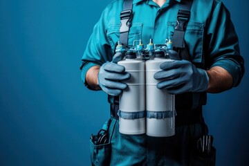 Water treatment technician with tools and spare parts for work clothes with blue background