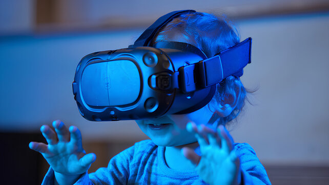 A Gen Alpha or Beta kid using VR headset for an immersive learning experience. Newborns using latest gadgets