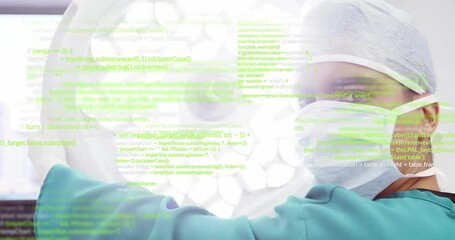 Animation of data processing over biracial male surgeon in operating room - Powered by Adobe