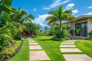Tropical garden with palm trees, grassy path, and modern beige house entrance, featuring plumeria tree, green plants, and sunny blue sky.