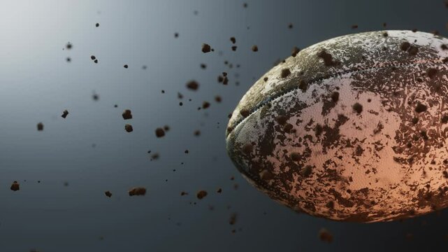 An airborne  muddy rugby ball spinning in slow motion flying through the air scattering mud dirt particles in its wake