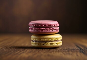 Pink and Beige French Macarons with Chocolate and Raspberry Filling on Dark Wooden Background