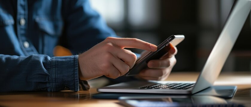 Businessman Multitasking with Smartphone and Laptop