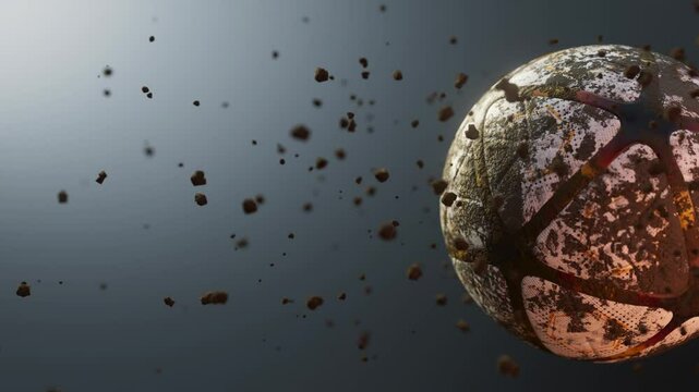 An airborne  muddy soccer football ball spinning in slow motion flying through the air scattering mud dirt particles in its wake
