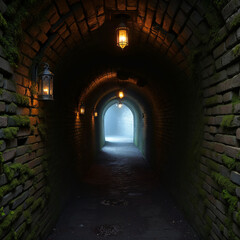 Fototapeta premium Dimly Lit Brick Tunnel with Lanterns Leading to Bright Exit