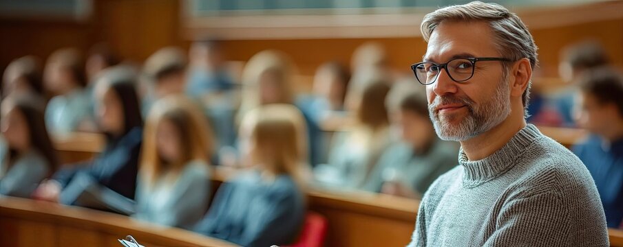 A professor giving a lecture in a university lecture hall, with students taking notes and listening attentively
