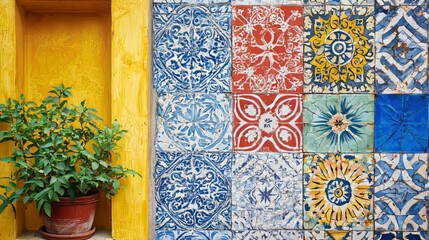 A potted plant sits in a yellow niche against a wall covered in vibrant patterned tiles.