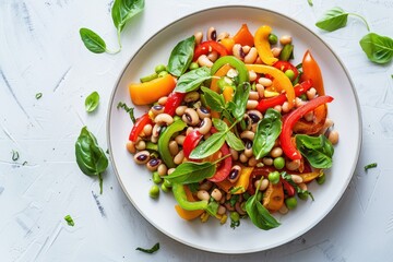 Photo, a colorful stir-fry with black-eyed peas, bell peppers, and snap peas, served on a white plate, top-down composition, bright natural lighting, minimalist background