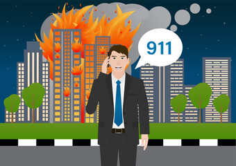 Man Calling Emergency Number 911  about Burning House and Burning Building. Vector Illustration. 