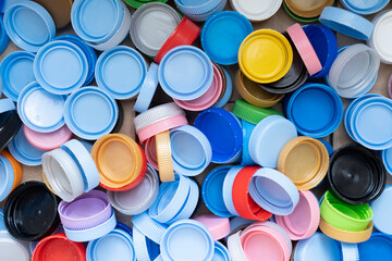 close up plastic bottles caps for recycling to conserve the environment, recycling, reuse, garbage disposal, save the world concpet