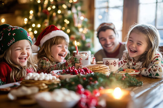 Joyful family Christmas breakfast with laughter and holiday spirit (christmas-tree)