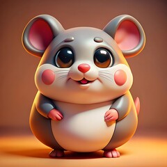 Fototapeta premium A very cute, chubby cartoon-style rat, featuring a big round head, a big round body, and large expressive eyes. The design includes low-detail geometry with a clean colors background.