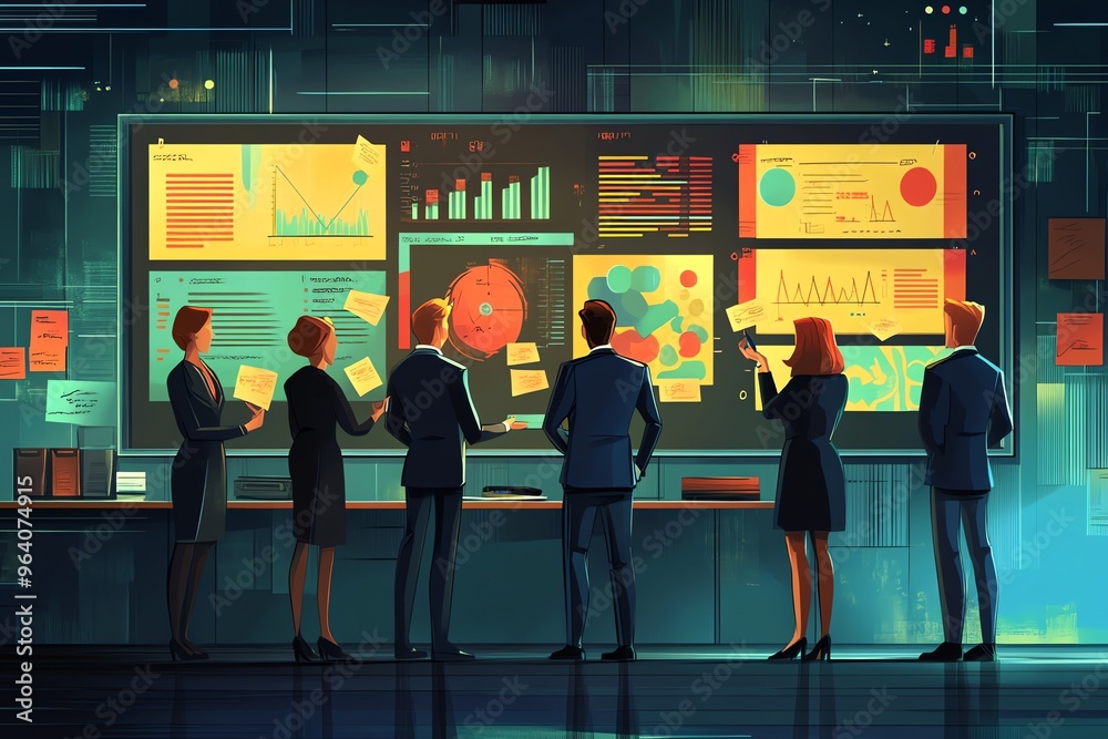 Poster business people analyzing data on charts and graphs displayed on a large screen.