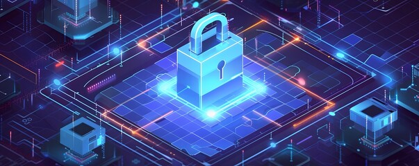 A digital padlock in a futuristic cyber space environment
