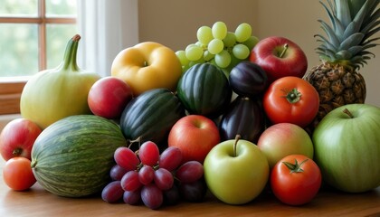 A vibrant assortment of fresh fruits, including apples, tomatoes, grapes, and pineapples, arranged on a wooden table near a window. The variety of colors and textures showcases the freshness and