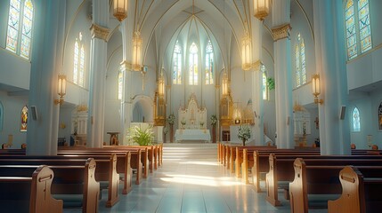 Catholic church interior, bright. Generative AI.