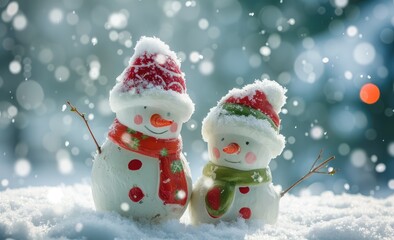 Fototapeta premium Snowmen Friends Enjoying a Winter Snowfall