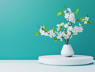 pedestal with spring blossoms, designed in Cinema 4D, with space for text, deep depth of field focusing on all aspects of the object