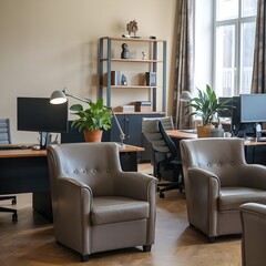 Fototapeta premium Interior of an office with desks, sofas, computer monitors, and a shelf by the window 