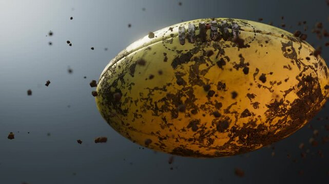 An airborne muddy australian rules football ball spinning in slow motion flying through the air scattering mud dirt particles in its wake