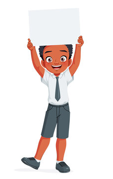 Young African American boy holding a blank banner. Cartoon vector illustration.