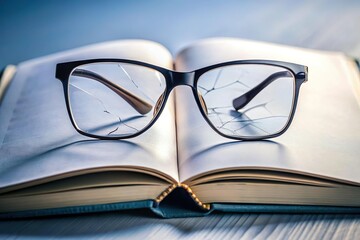 broken eyeglasses with cracks on book