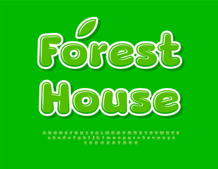 Vector eco emblem Forest House.  Cute Green Font. Bright Glossy Alphabet Letters and Numbers set.
