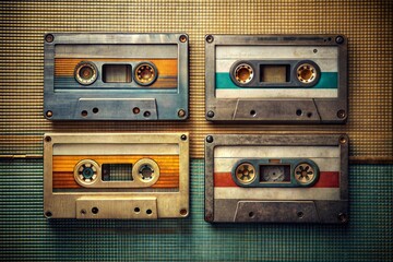 Obraz premium Retro vintage cassette tapes on patterned wall nostalgic and stylish