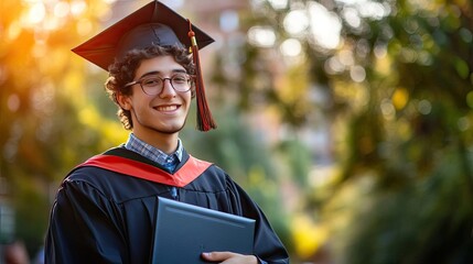 A student in a cap and gown posing for a graduation photo, holding their diploma with pride