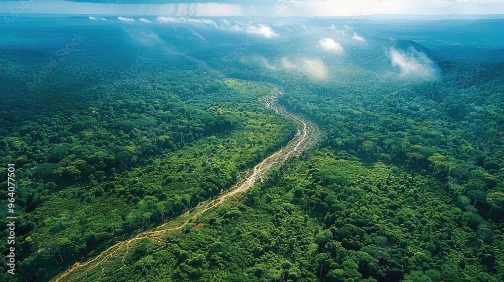 Poster Aerial view of the rainforest highlighting areas of deforestation and reforestation. Generative AI.